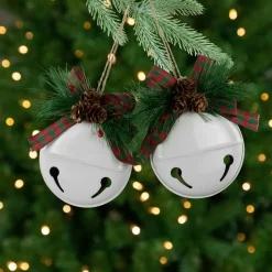 Best Jingle Bells with Bow and Pinecones Christmas Disc Ornaments - White - 5" - Set of 2 Disk Ornaments