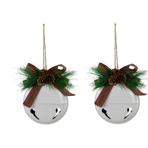 Best Jingle Bells with Bow and Pinecones Christmas Disc Ornaments - White - 5" - Set of 2 Disk Ornaments