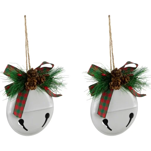 Best Jingle Bells with Bow and Pinecones Christmas Disc Ornaments - White - 5" - Set of 2 Disk Ornaments