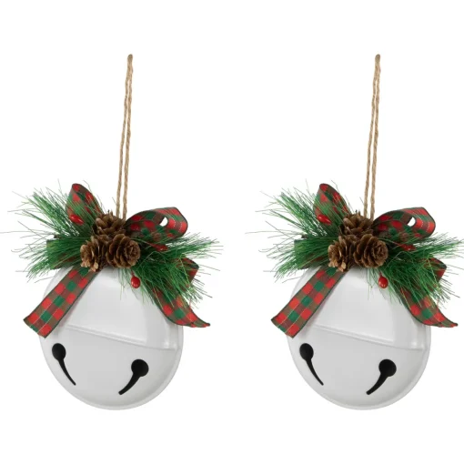 Best Jingle Bells with Bow and Pinecones Christmas Disc Ornaments - White - 5" - Set of 2 Disk Ornaments