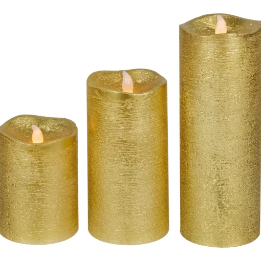 Outlet LED Brushed Flameless Christmas Pillar Candles - 8" - Gold Finish - Set of 3 Flameless Candles