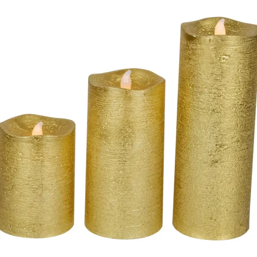 Outlet LED Brushed Flameless Christmas Pillar Candles - 8" - Gold Finish - Set of 3 Flameless Candles