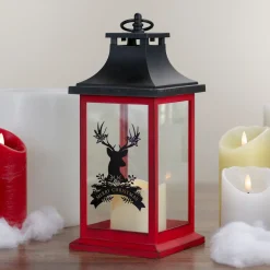 Outlet LED Candle with Deer "Merry Christmas" Lantern - 12" - Red and Black Lanterns