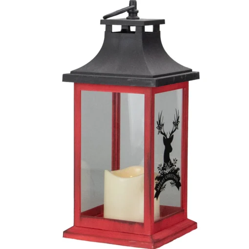 Outlet LED Candle with Deer "Merry Christmas" Lantern - 12" - Red and Black Lanterns