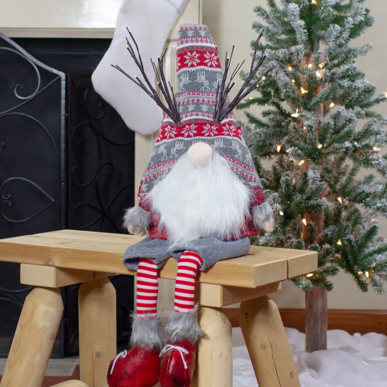 Discount LED Christmas Gnome with Antlers and Dangling Legs - 30" - Gray and Red Gnomes