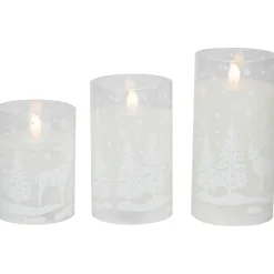 Best LED Flameless Flickering Snowy Woodland Glass Christmas Pillar Candles - 6" - Set of 3 Flameless Candles