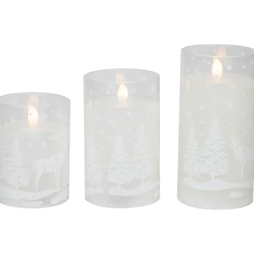 Best LED Flameless Flickering Snowy Woodland Glass Christmas Pillar Candles - 6" - Set of 3 Flameless Candles
