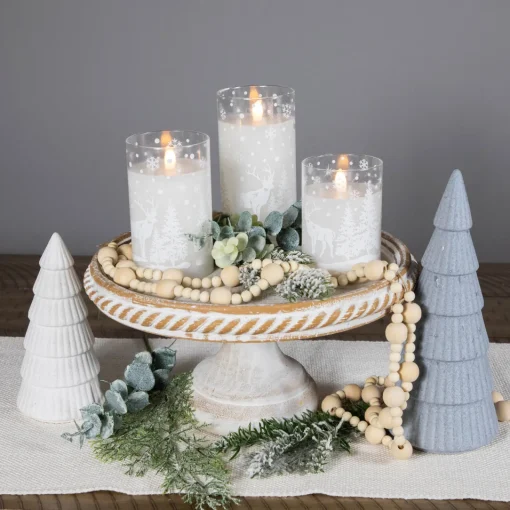 Best LED Flameless Flickering Snowy Woodland Glass Christmas Pillar Candles - 6" - Set of 3 Flameless Candles