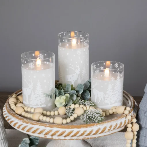 Best LED Flameless Flickering Snowy Woodland Glass Christmas Pillar Candles - 6" - Set of 3 Flameless Candles