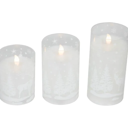 Best LED Flameless Flickering Snowy Woodland Glass Christmas Pillar Candles - 6" - Set of 3 Flameless Candles