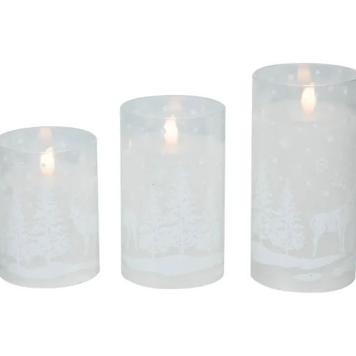 Best LED Flameless Flickering Snowy Woodland Glass Christmas Pillar Candles - 6" - Set of 3 Flameless Candles