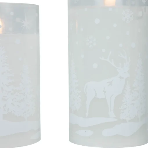 Best LED Flameless Flickering Snowy Woodland Glass Christmas Pillar Candles - 6" - Set of 3 Flameless Candles