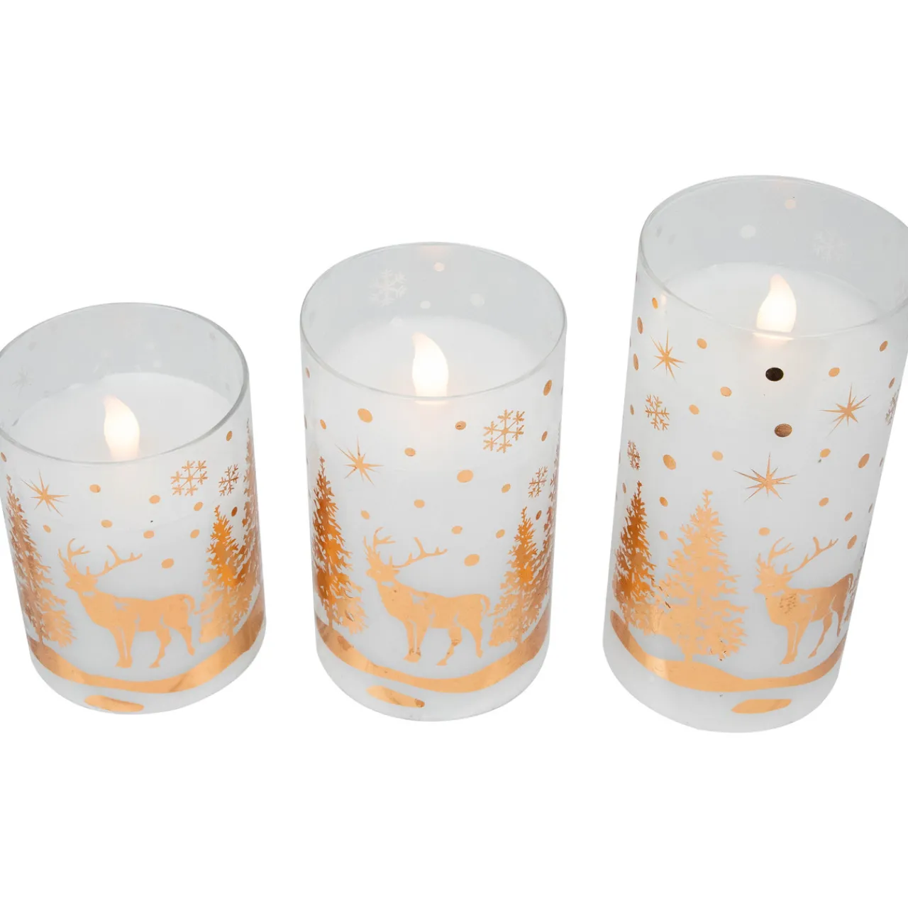 LED Flameless Flickering Woodland Glass Pillar Christmas Candles - 6" - Set of 3 Flameless Candles