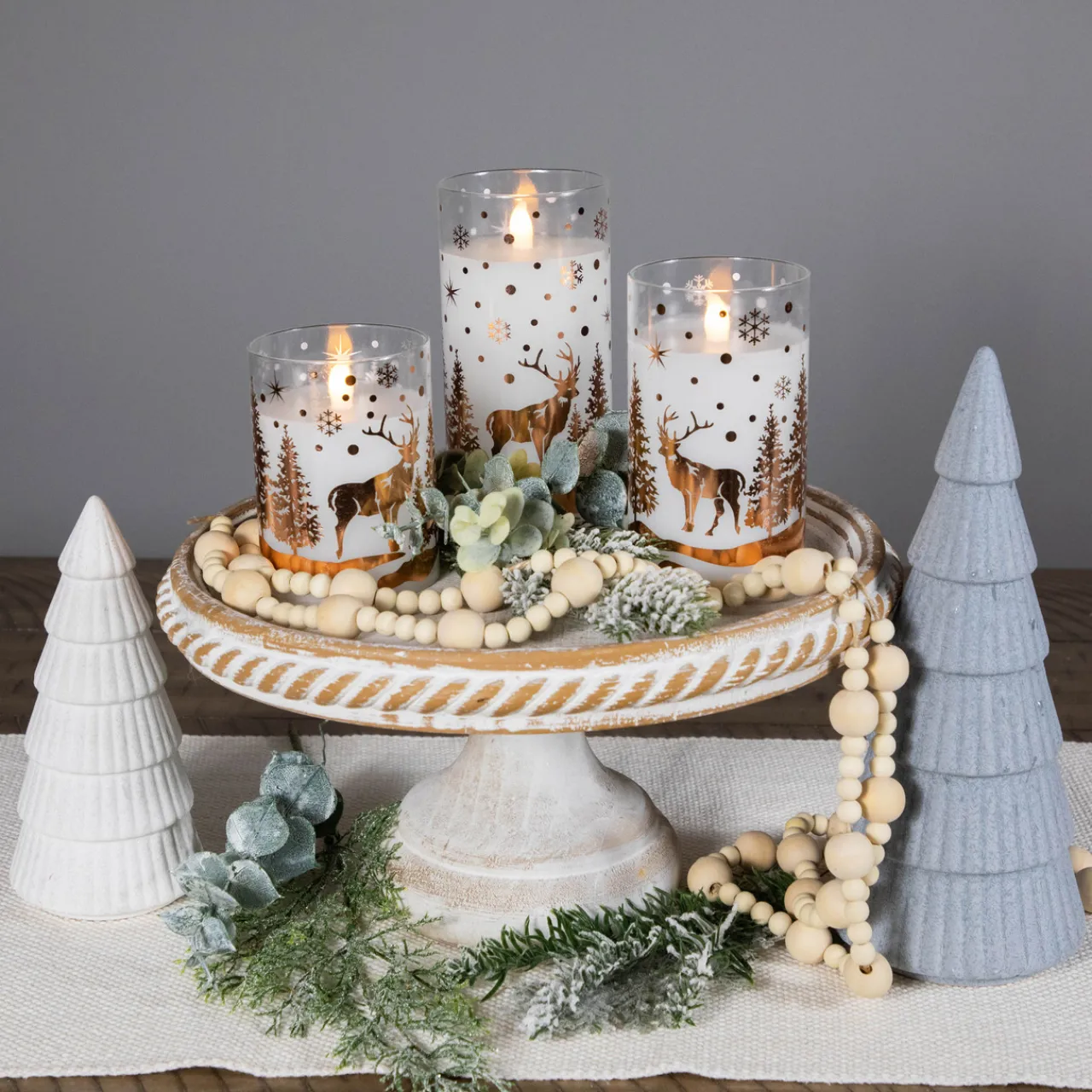 LED Flameless Flickering Woodland Glass Pillar Christmas Candles - 6" - Set of 3 Flameless Candles