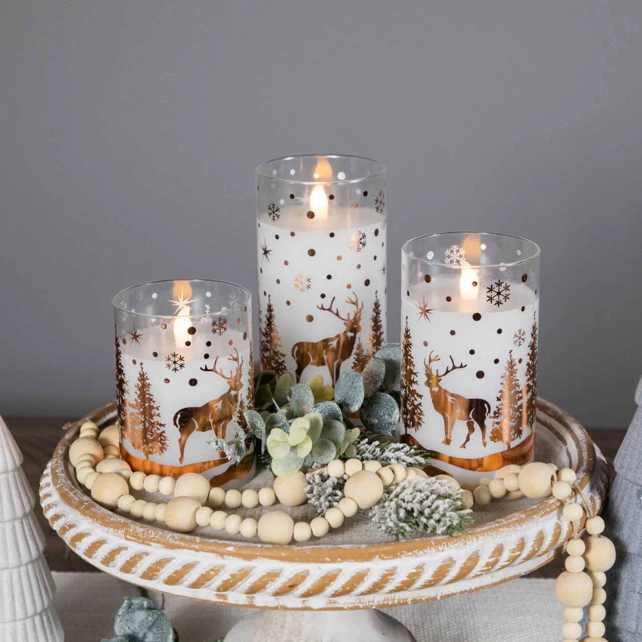 LED Flameless Flickering Woodland Glass Pillar Christmas Candles - 6" - Set of 3 Flameless Candles