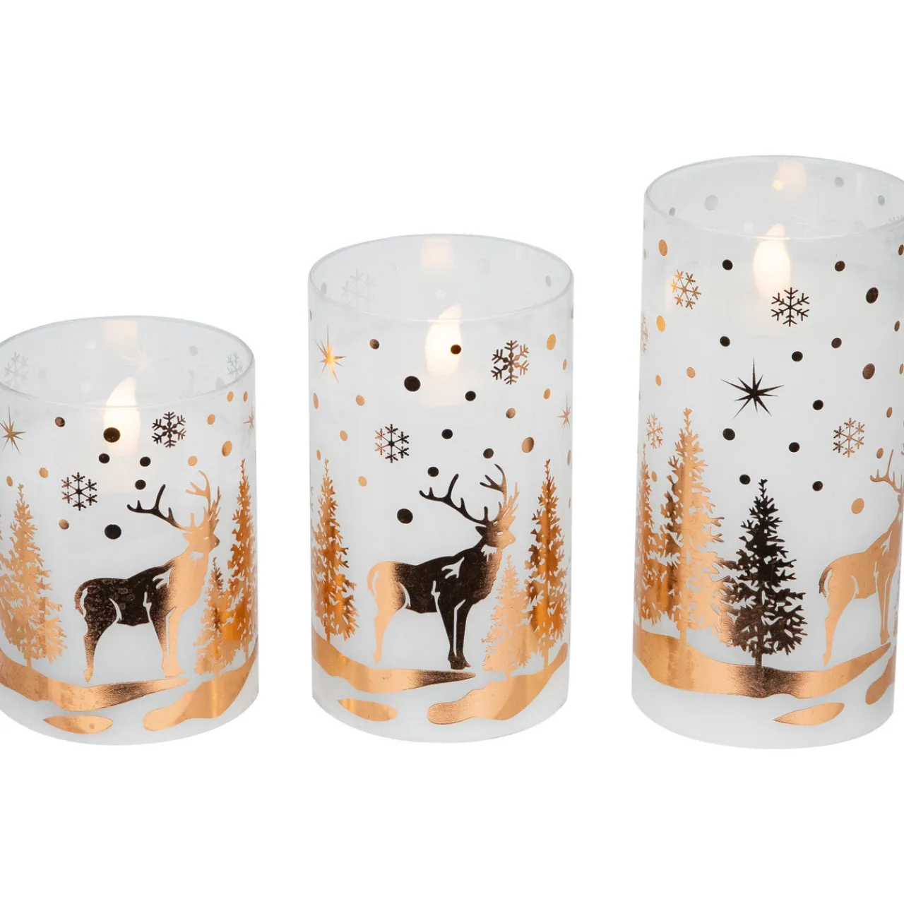 LED Flameless Flickering Woodland Glass Pillar Christmas Candles - 6" - Set of 3 Flameless Candles