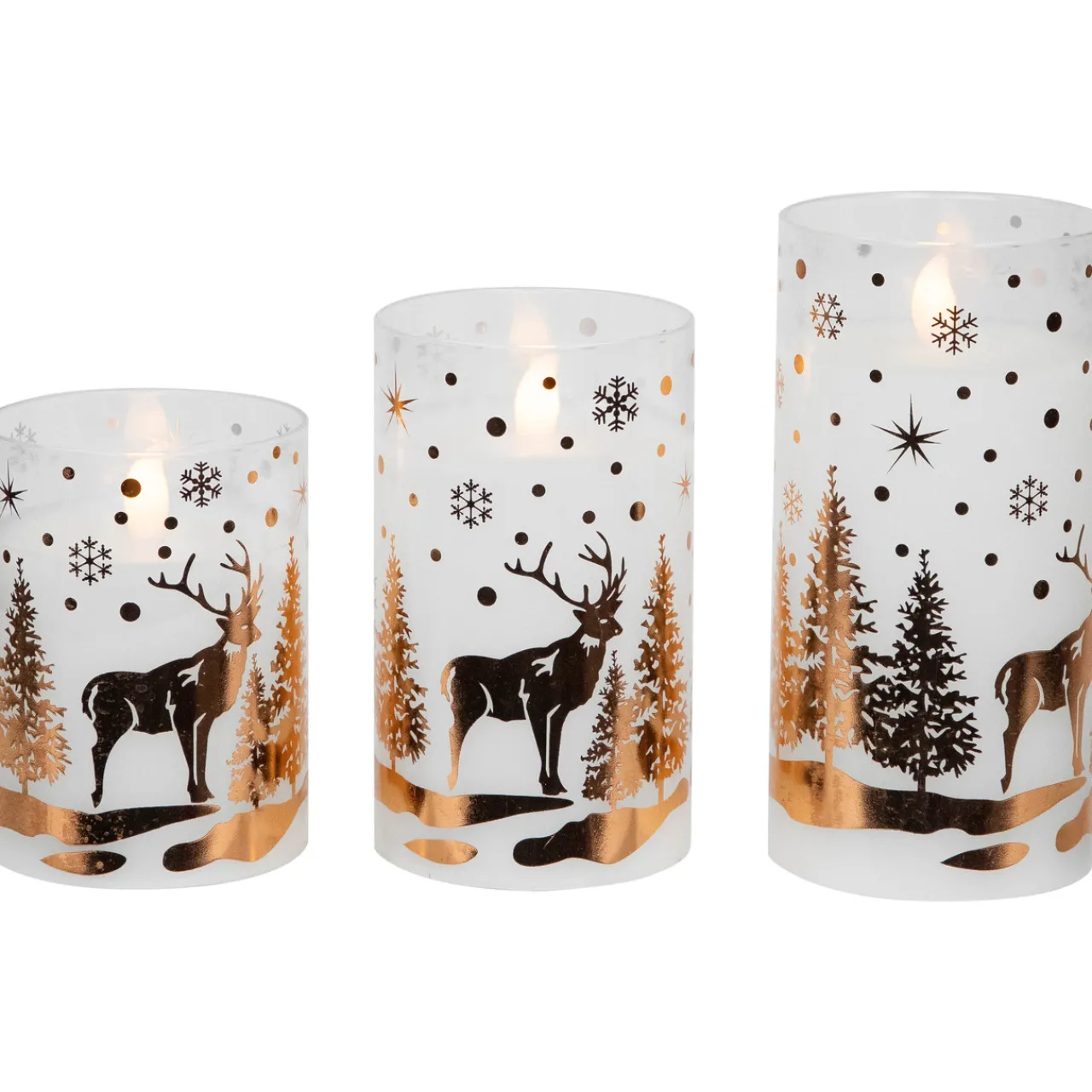 LED Flameless Flickering Woodland Glass Pillar Christmas Candles - 6" - Set of 3 Flameless Candles