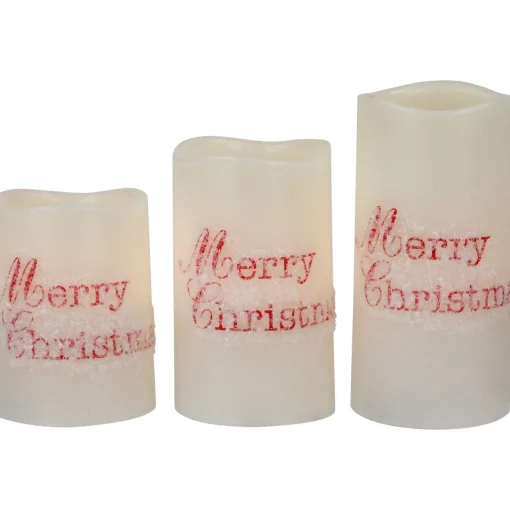 Online LED Flameless Frosted "Merry Christmas" Wax Pillar Candles - 6" - Set of 3 Flameless Candles