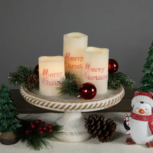 Online LED Flameless Frosted "Merry Christmas" Wax Pillar Candles - 6" - Set of 3 Flameless Candles