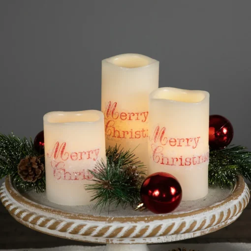 Online LED Flameless Frosted "Merry Christmas" Wax Pillar Candles - 6" - Set of 3 Flameless Candles