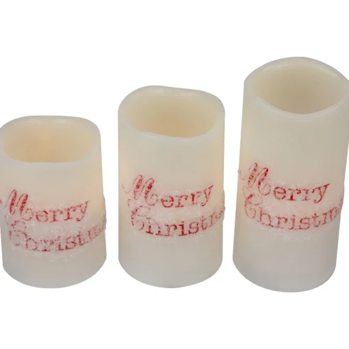 Online LED Flameless Frosted "Merry Christmas" Wax Pillar Candles - 6" - Set of 3 Flameless Candles
