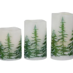 Sale LED Flameless Frosted Pines Flickering Wax Pillar Christmas Candles - 6" - Set of 3 Flameless Candles