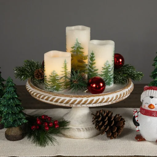 Sale LED Flameless Frosted Pines Flickering Wax Pillar Christmas Candles - 6" - Set of 3 Flameless Candles