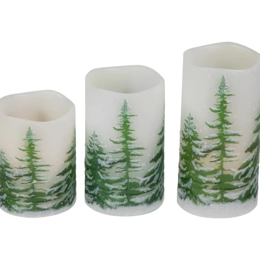 Sale LED Flameless Frosted Pines Flickering Wax Pillar Christmas Candles - 6" - Set of 3 Flameless Candles