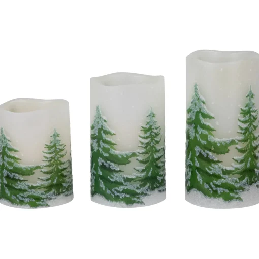 Sale LED Flameless Frosted Pines Flickering Wax Pillar Christmas Candles - 6" - Set of 3 Flameless Candles
