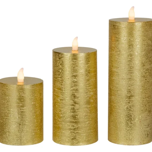 Best LED Flickering Flameless Pillar Christmas Candles - 8.75" - Gold - Set of 3 Flameless Candles