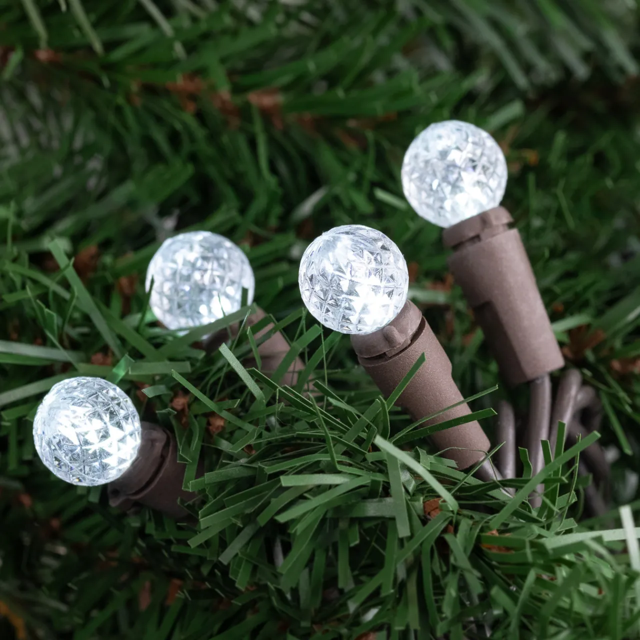 Clearance LED G12 Berry Christmas Lights - Pure White - 16' Brown Wire - 50 ct Globes