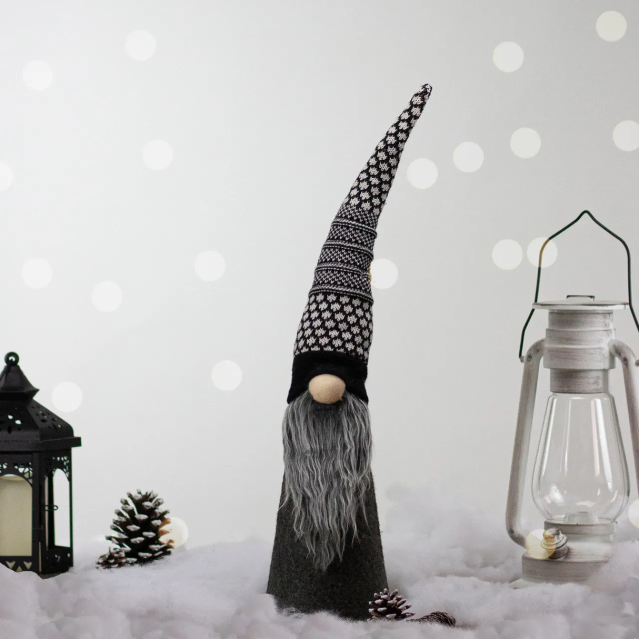 LED Lighted Cone Gnome with Knitted Hat Christmas Figure - 20" - Black and White Gnomes