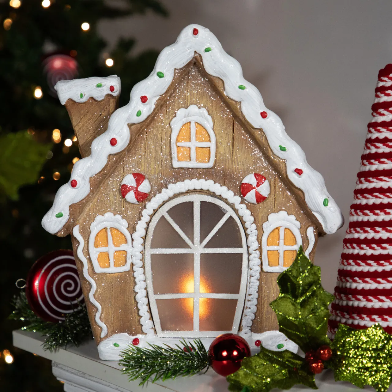 Online LED Lighted Frosted Gingerbread Peppermint Christmas House - 12.5" Gingerbread