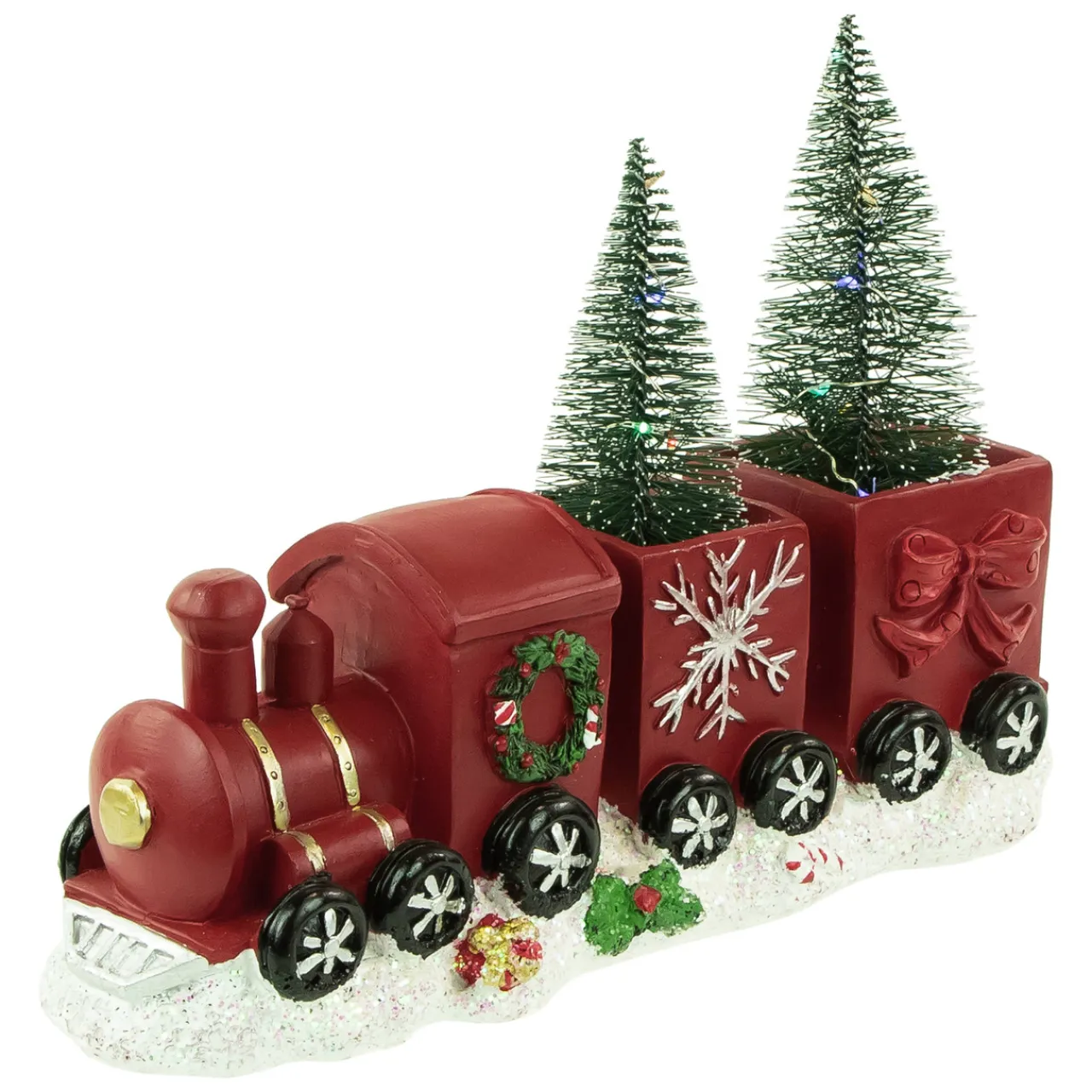 Clearance LED Lighted Frosted Trees in Train Christmas Decoration - 12" - Red and Gold Trains