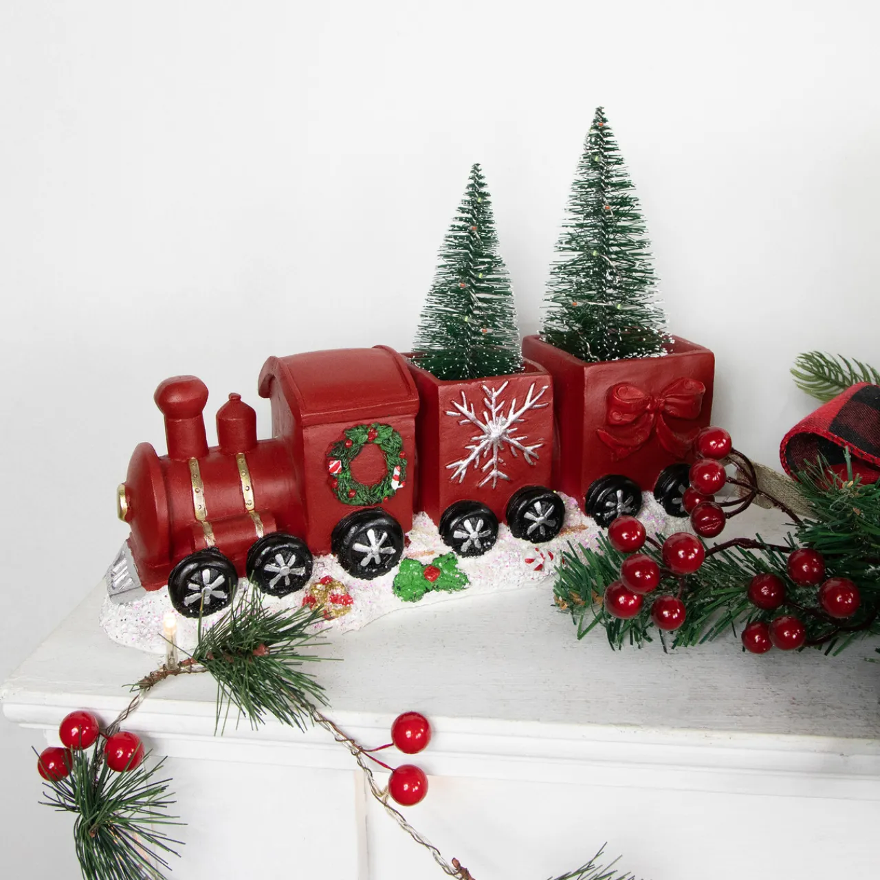 Clearance LED Lighted Frosted Trees in Train Christmas Decoration - 12" - Red and Gold Trains
