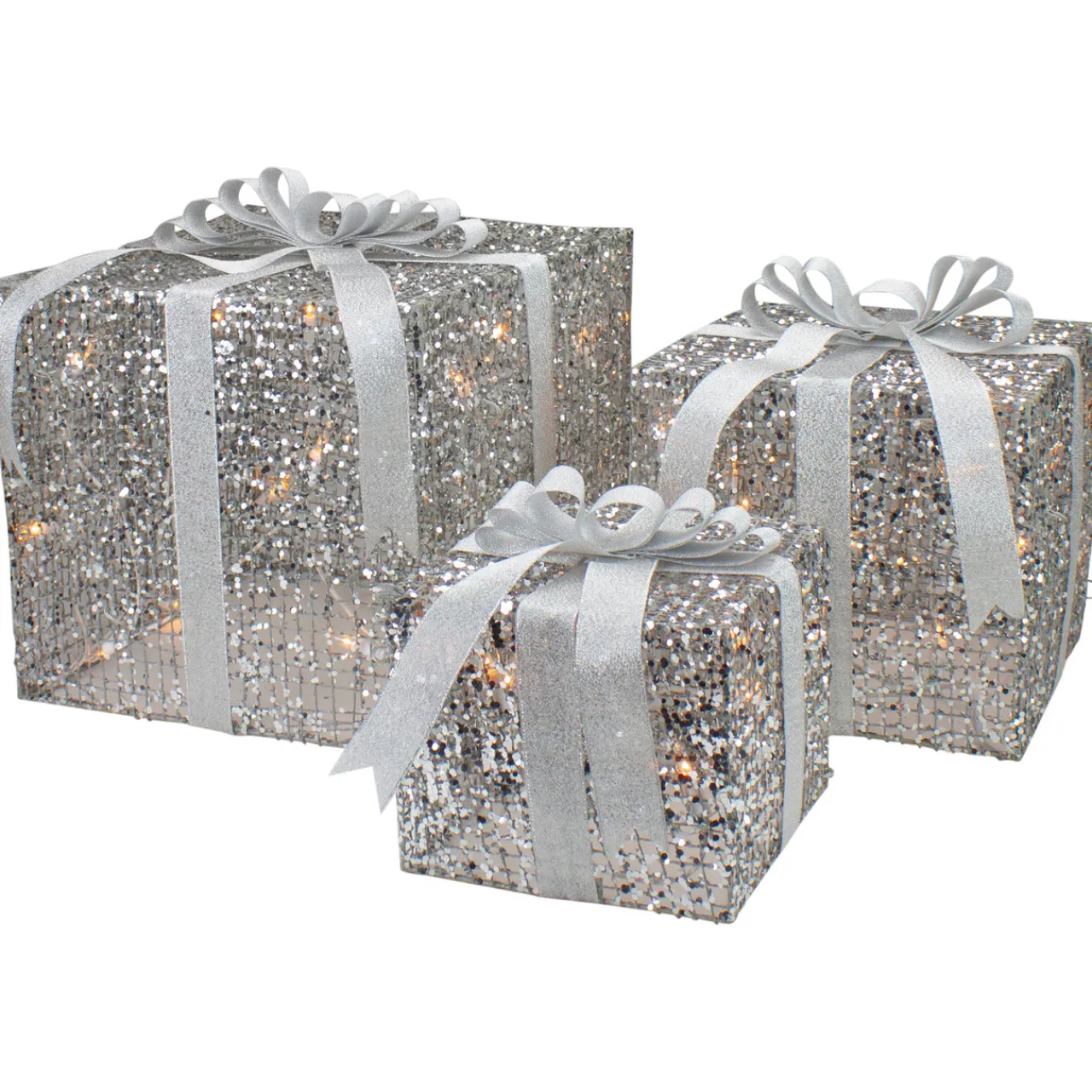 Discount LED Lighted Glitter Threaded Gift Boxes Outdoor Christmas Decoration - Silver - Set of 3 Gifts & Bows