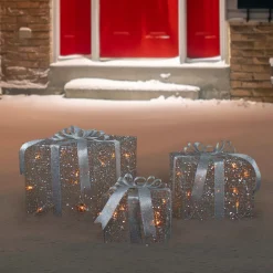 Discount LED Lighted Glitter Threaded Gift Boxes Outdoor Christmas Decoration - Silver - Set of 3 Gifts & Bows
