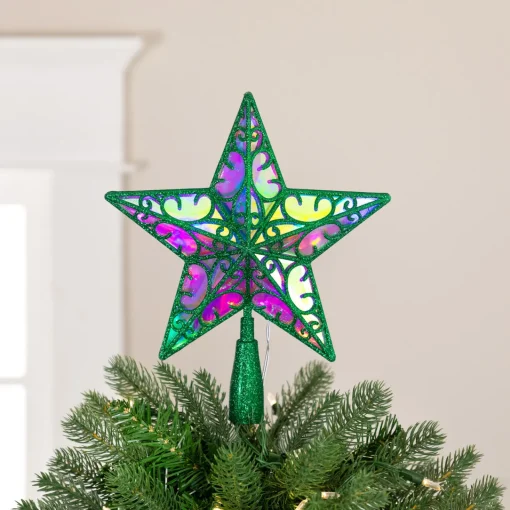 Best LED Lighted Glittered Star Christmas Tree Topper - 11" - Green - Multicolor Lights Stars