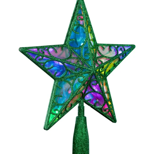 Best LED Lighted Glittered Star Christmas Tree Topper - 11" - Green - Multicolor Lights Stars