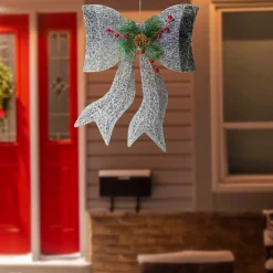 Hot LED Lighted Gradient Mesh Bow Christmas Decoration - 22" - Silver Finish - Warm White Gifts & Bows
