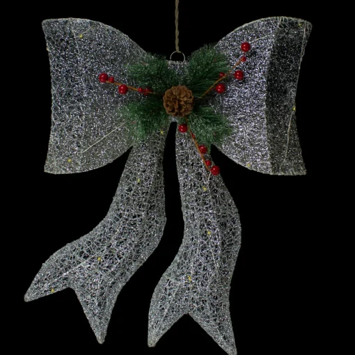 Hot LED Lighted Gradient Mesh Bow Christmas Decoration - 22" - Silver Finish - Warm White Gifts & Bows