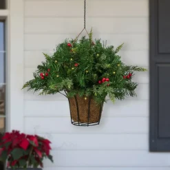 Online LED Lighted Red Berries and Mixed Pine Hanging Christmas Basket - 18" Centerpieces & Arrangements