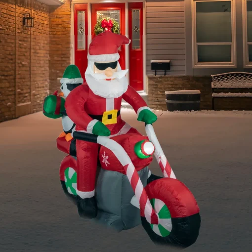 New LED Lighted Santa and Penguin on Motorcycle Outdoor Christmas Inflatable - 5' Santa Claus