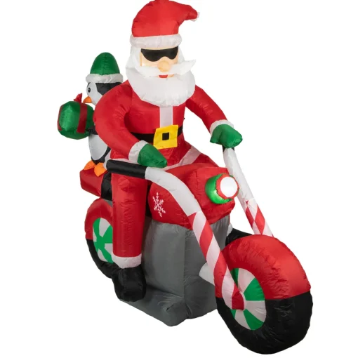 New LED Lighted Santa and Penguin on Motorcycle Outdoor Christmas Inflatable - 5' Santa Claus