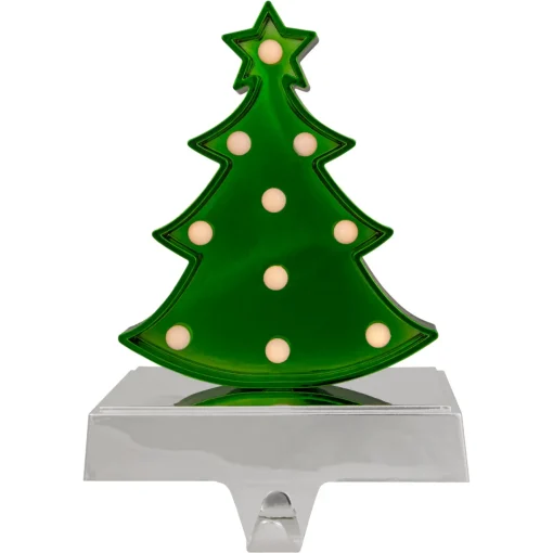 Best LED Lighted Shiny Christmas Tree Stocking Holder - 7" - Silver and Green Stocking Holders