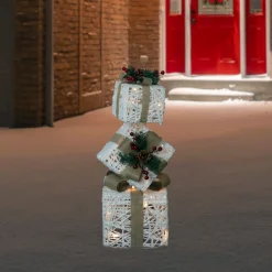 Best LED Lighted Stacked Gift Boxes Christmas Decoration - 25.25" - White and Beige Novelty