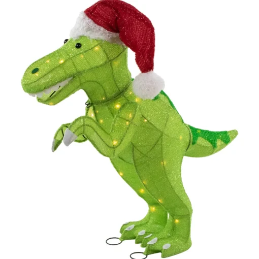 Sale LED Lighted Tinsel Santa T-Rex Dinosaur Outdoor Christmas Decoration - 30" - Warm White Animals