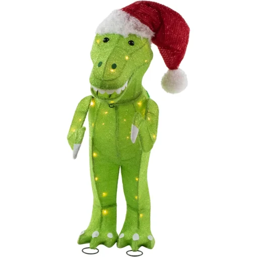 Sale LED Lighted Tinsel Santa T-Rex Dinosaur Outdoor Christmas Decoration - 30" - Warm White Animals