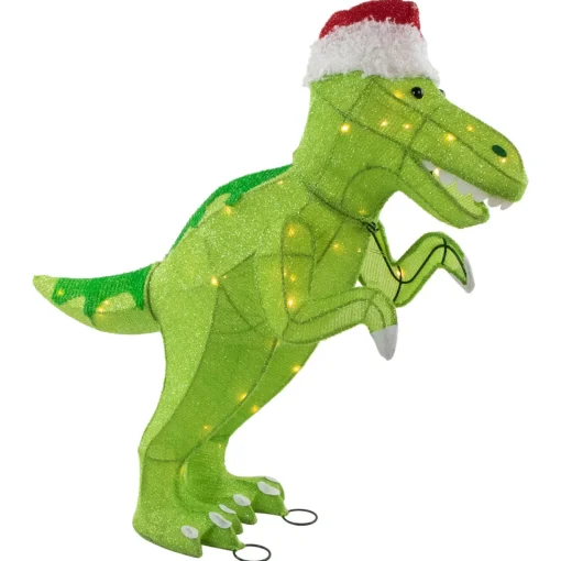 Sale LED Lighted Tinsel Santa T-Rex Dinosaur Outdoor Christmas Decoration - 30" - Warm White Animals