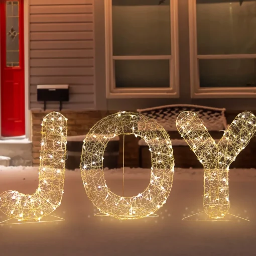 Best LED Lighted Twinkle "Joy" Metal Wire Outdoor Christmas Decoration - 16" - Gold Yard Signs
